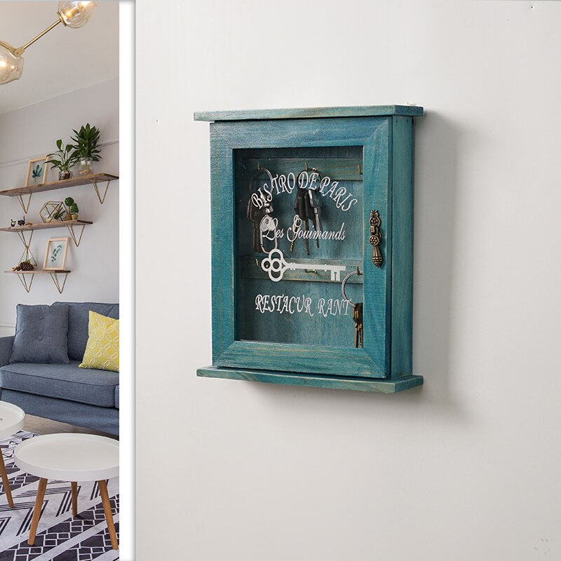 Wooden Key Holder Box with 6 Hooks Wall Mounted Handmade with Rustic Finish for Home Decor WJ021711: A-blue