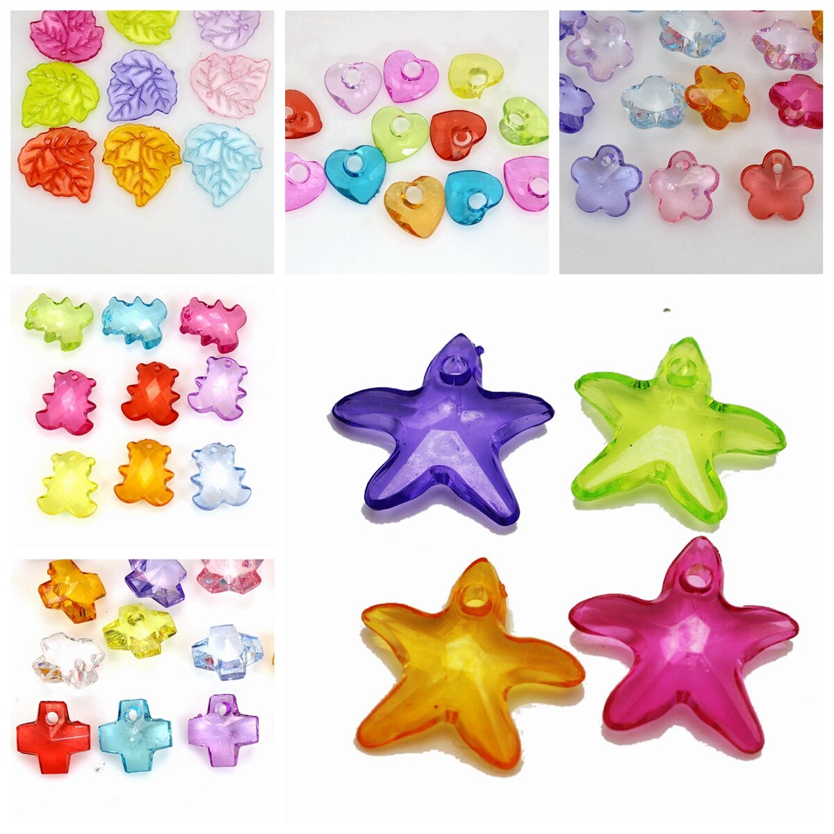 100 Mixed Color Transparent Acrylic Various Shape Pendants Heart Bear Cross DIY