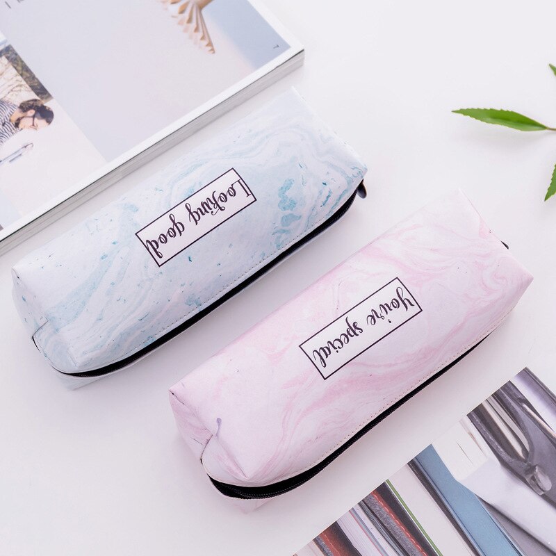 Kleur marmering pu leren etui schoolbenodigdheden student stationair pen etui vrouw cosmetica handtas make-up tas