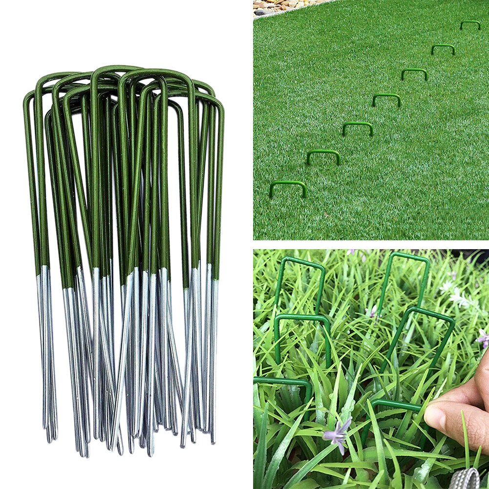U Shaped Universal Fastening Outdoor Heavy Duty Insert Half Green Artificial Grass Lawn Garden Pegs Turf Pin Galvanised Steel: 50PCS