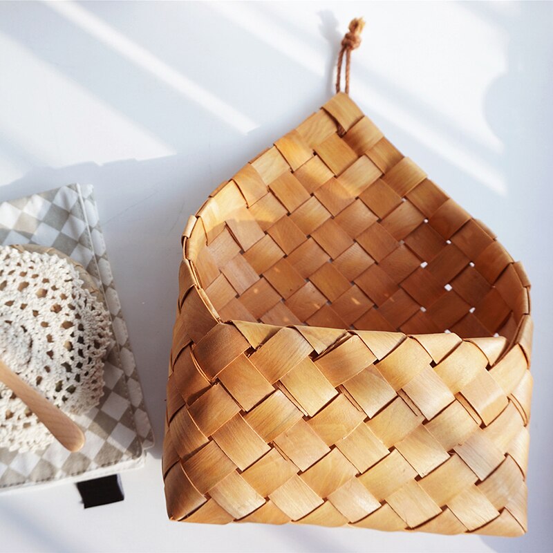 1pc wicker brown wood wall hanging pocket basket flat back door decor country decor