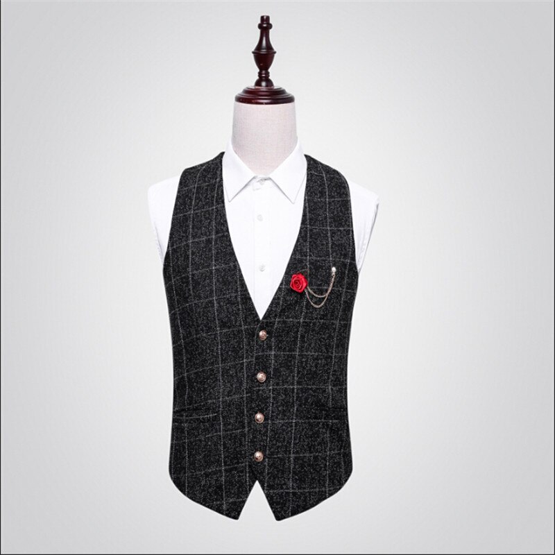 Men Autumn Spring Suit Vest Slim Fit Barber Vest Plaid Male Single Breasted Sleeveless Business Jacket A2843