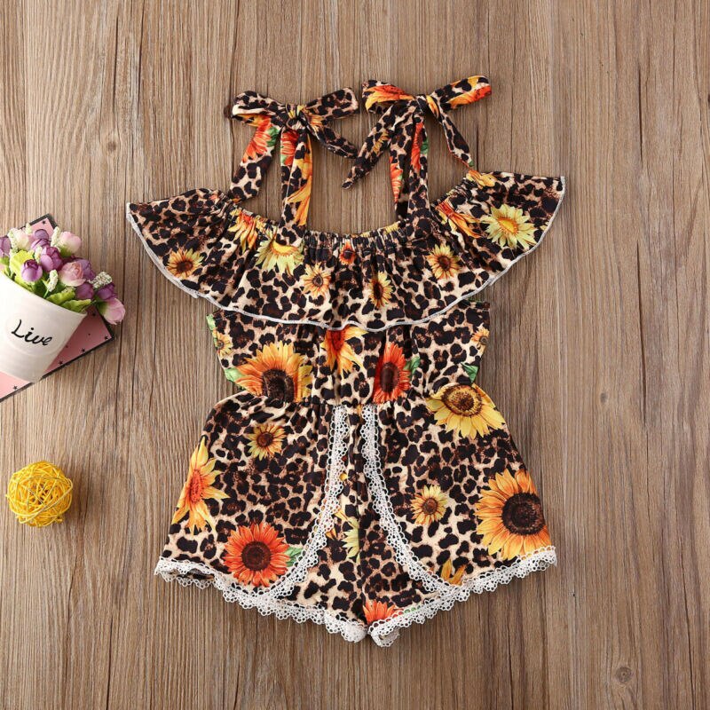 Imcute Brand Summer Toddler Baby Girls Clothes Kid Rompers Sunflower Leopard Print Off Shoulder Tassel Jumpsuits Bib Pants 6M-5Y