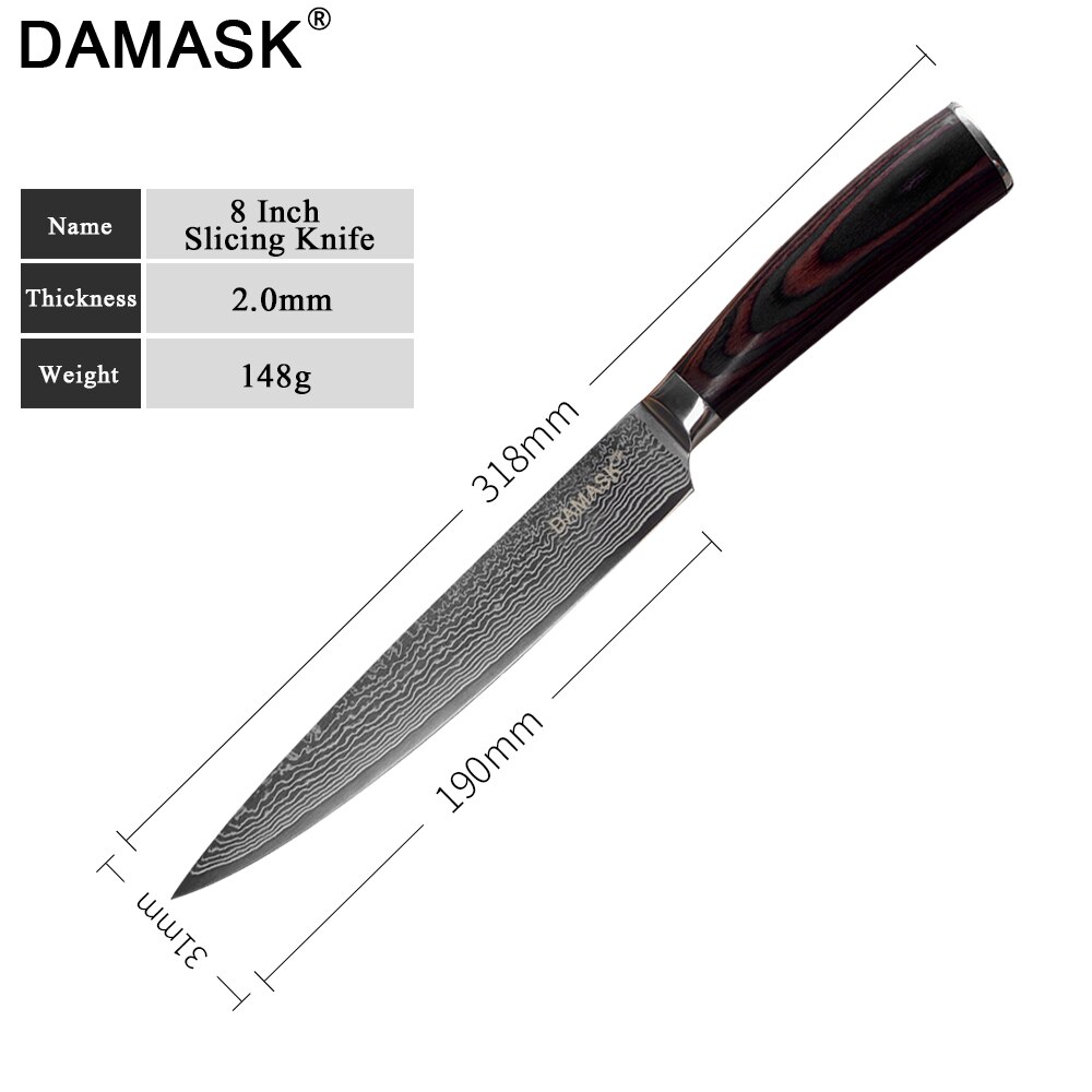 DAMASK Santoku Damascus Steel Knife High Hardness G10 Color Wood Handle Japan Kitchen Knives Meat Cleaver Slicing Chef Knives: 8 inch Slicing Knife