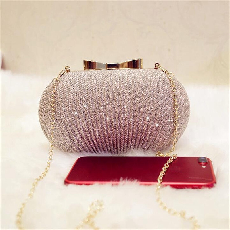 ICON Golden Evening Clutch Bag Women Bags Wedding Shiny Handbags Bridal Metal Bow Clutches Bag Chain Shoulder Bag