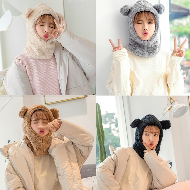 Vrouwen winter pluche warme capuchon muts sjaal schattige cartoon berenoren effen kleur thermische winddichte oorklep muts nekwarmer