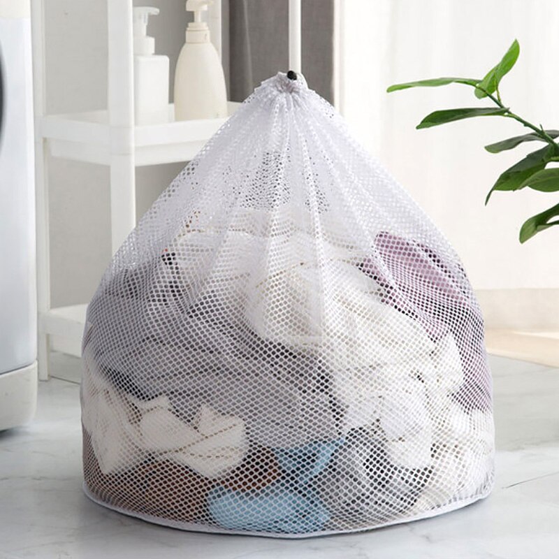 Husstand tyk polyester mesh vasketøj vaskepose undertøj bh frakker gardin vaskepose stor kapacitet snor vasketøjskurv