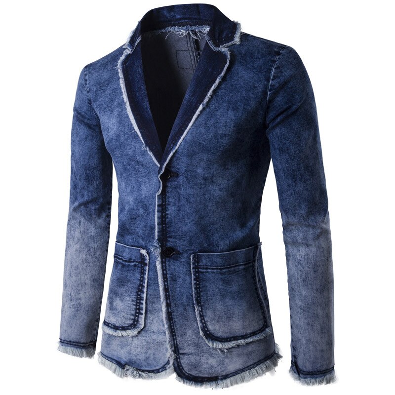 Spring and Summer Foreign Trade Europe and America Slim Solid Color Denim Washed Old Hairy Suit Jacket Dark Blue