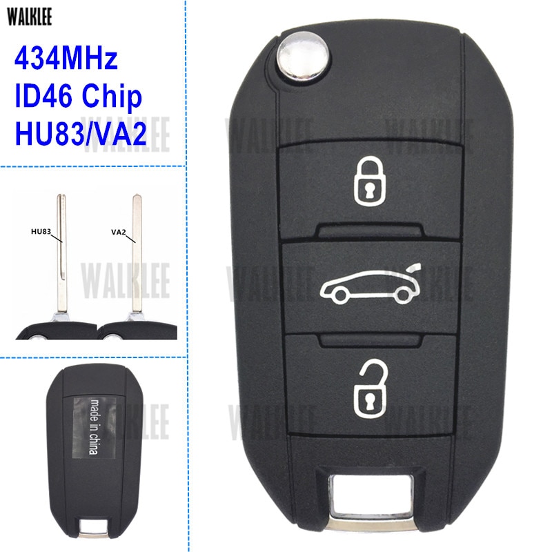 WALKLEE Remote Key Fit for Peugeot 208 301 308 508 434MHz with HU83 or VA2 Blade