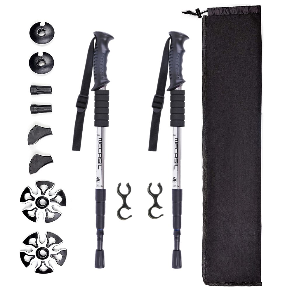 2pcs/lot Trekking Poles Lightweight Shock-Absorbent Hiking cane Walking Stick 4 Season/All Terrain Accessories and Carry Bag: silver