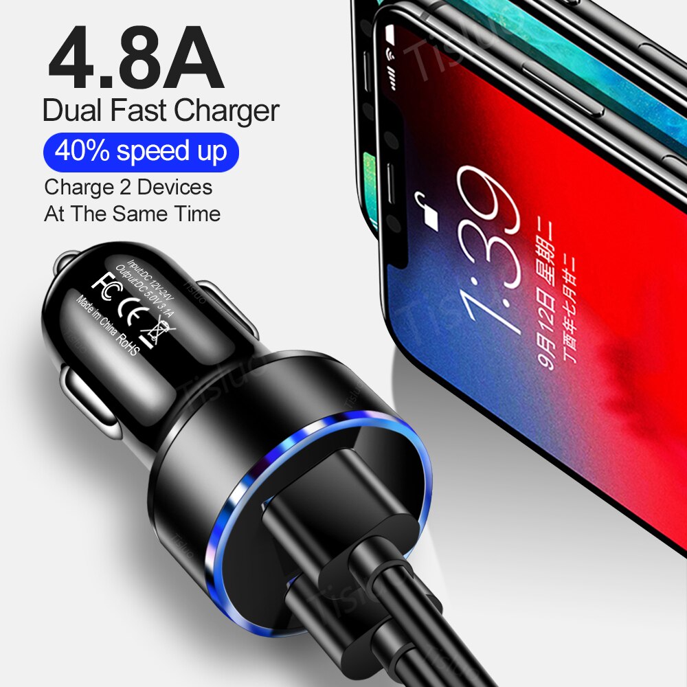 4.8A Car Charger Mobile Phone Fast Charging Adapter in Car with LED Display Quick Charge Universal Dual USB Car Charger