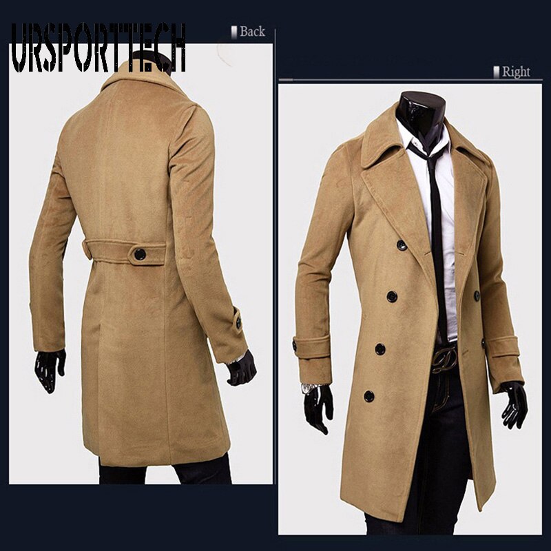 URSPORTTECH-abrigo de lana a la para hombre, gabardina larga cálida de color sólido, abrigo de lana informal de negocios con botonadura