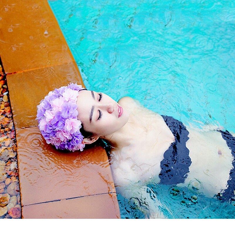 Gorros de baño con de flores para mujer, gorro de baño con de pétalos, ideal para deportes acuáticos al aire libre, para piscina