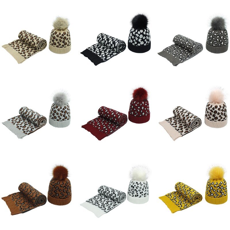 Dam stickad mössa och halsduk i 2 delar vinter vintage leopard fluffig pompom med manschett döskalle tjockare sjal halsvärmare