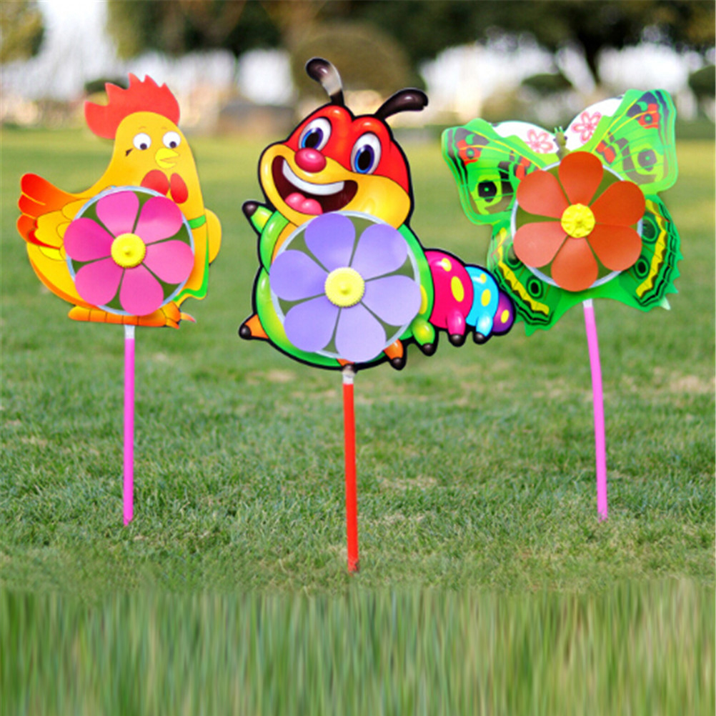 Mignon dessin animé animaux enfants jouets de plein air coloré en plastique vent Spinner moulin à vent taille: tige longueur: 31 ~ 33cm