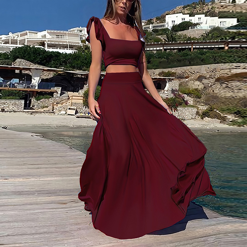 Square Neck Sling Tops & Long Skirts Sets Women Casual Sleeveless Pleated 2Pc Outfits Ruffled Solid Party Suits: XL / Brown