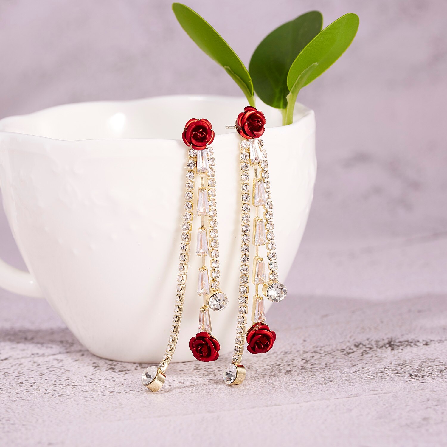 Rose Flower Dangle Oorbellen Voor Vrouwen Lange Tassel Shiny Rhinestone Earring Wedding Party Engagement Sieraden: 6