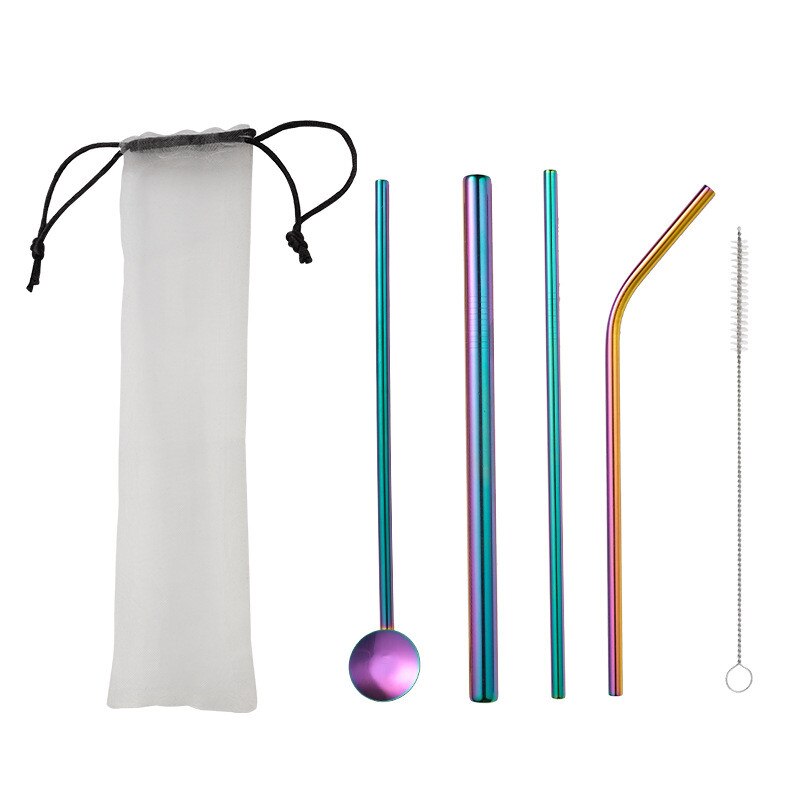 5pcs Reusable Metal Drinking Straws 304 Stainless Steel Sturdy Bent Straight Drinks Straw for Milkshake Bubble Tea with Brush: Colorful