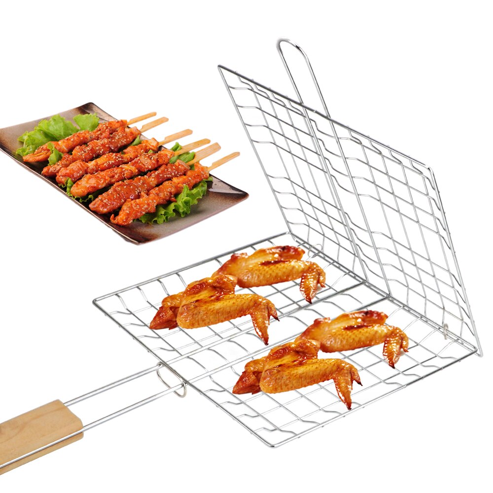 Rvs Barbecue Grillen Mand Clip Inklapbare Bbq Grill Mesh Herbruikbare Houten Handvat Vlees Vis Clip Houder