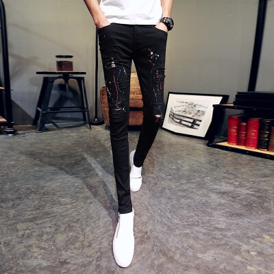 Merke herre bukser herre klær koreansk slim fit casual hull bukse mann skinny komfortable bukser herre bunn svart/hvit: 32 / Svart