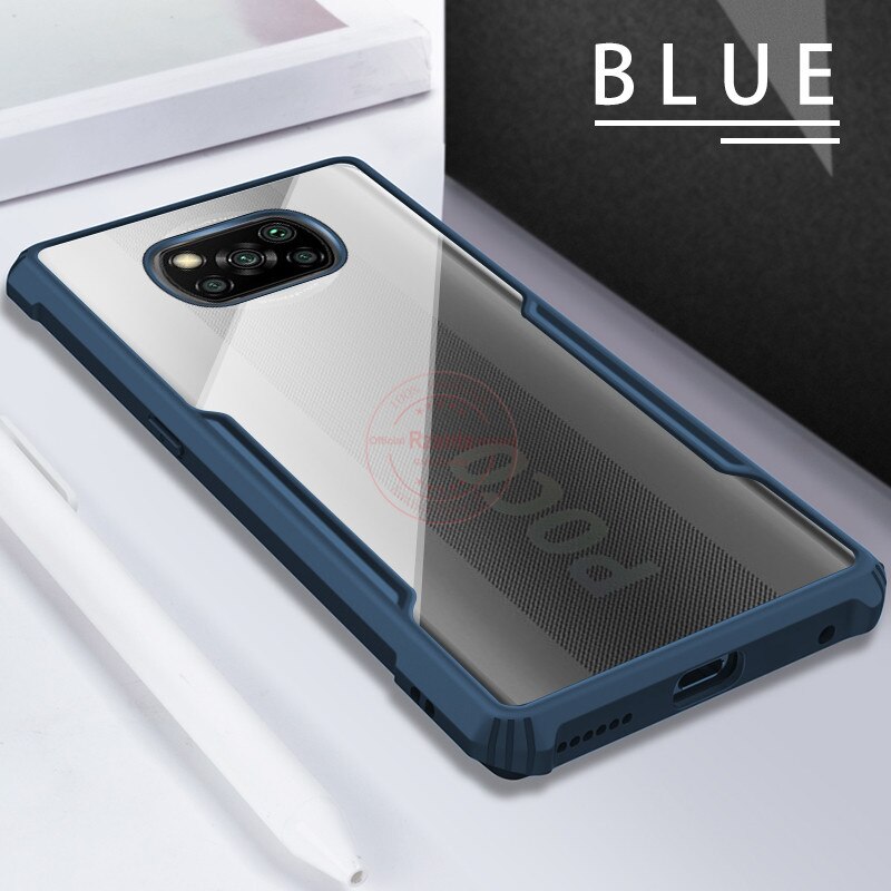 For Xiaomi Poco X3 NFC Case 6.67 inch Luxury Acrylic Armor Shockproof Phone Back Cover For PocoPhone X3 NFC Silicone Bumper Case: Blue