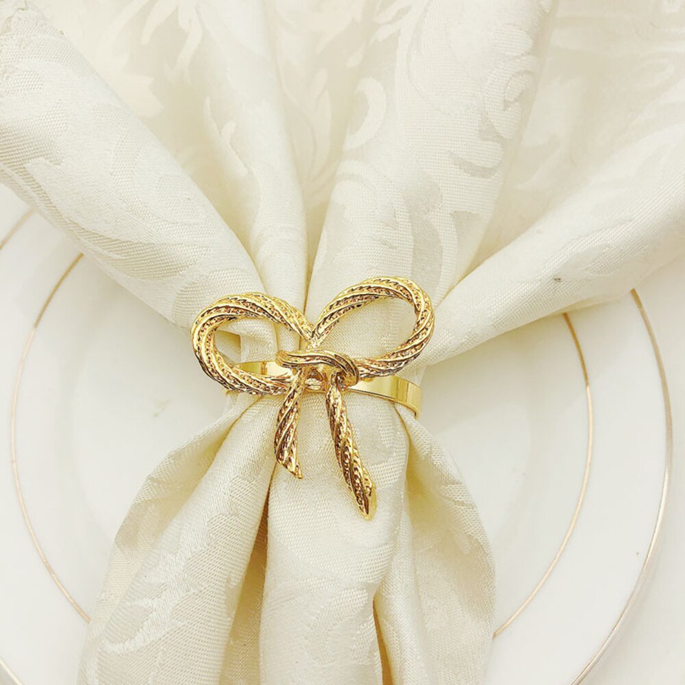 Servilletas y anillo con lazo para en casa, servilletas plateadas y doradas, recepciones de boda