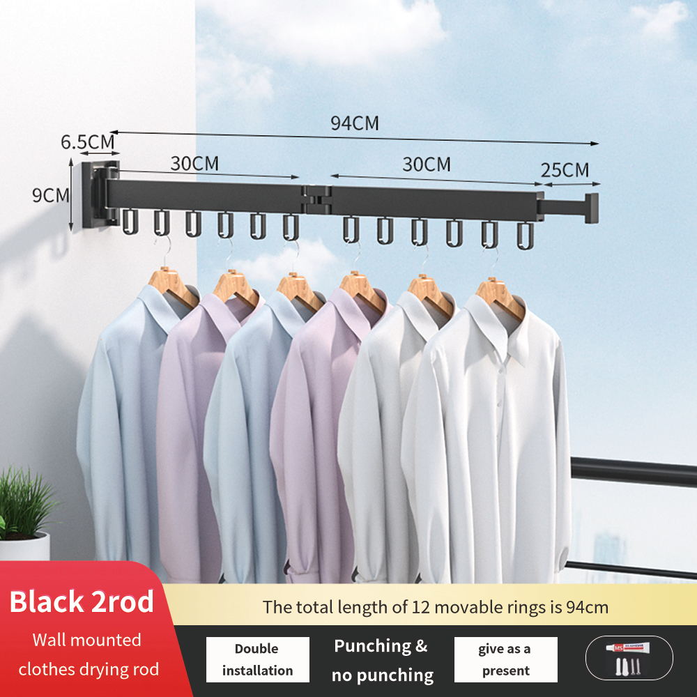 Cintre pliant rétractable pour le séchage des vêtements, espace intérieur et extérieur, en aluminium, pour l&#39;organisation des vêtements ménagers, WB3027: Black 2 Rod