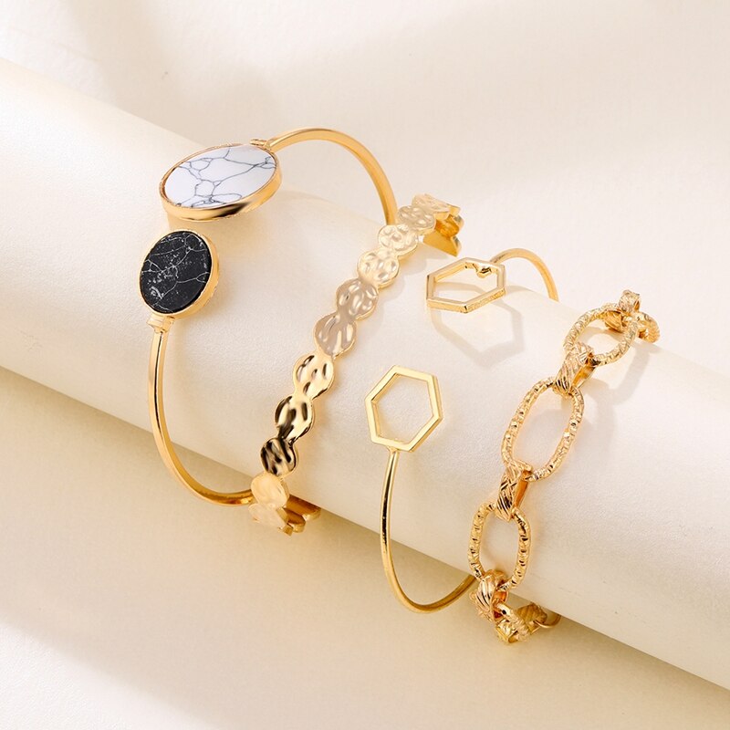 VKME 4Pcs Gold Metal Bracelets Set For Women Stone Cuff Bangles Jewelry Adjustable Thick Chain Link Bracelet Jewelry