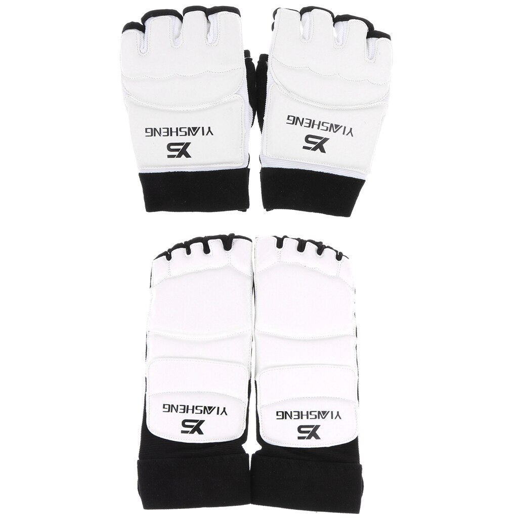 1 paire protège-pieds + 1 paire demi doigt gants de protection vêtements de sport pour Taekwondo karaté boxe Muay Thai entraînement entraînement: WHITE