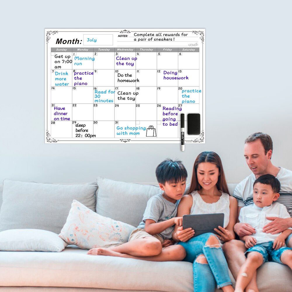Magnetic Monthly Daily Whiteboard Calendar Erasable Fridge Magnet Sticker Weekly Plan Grocery List To-Do List Notepad Memo Board