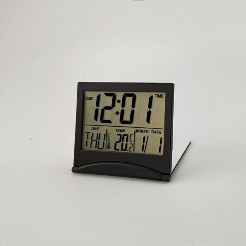 Foldable Digital Alarm Clock Portable Travel Electronic Clock Perpetual Calendar Temperature Time LCD Alarm Clock for Home Decor: Black LCD Clock