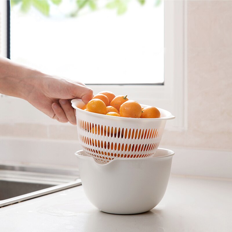 Drainage storage basket Kitchen storage basin Wash vegetable fruit box Double layer Wash basin Drain Desktop fruit basket Plain