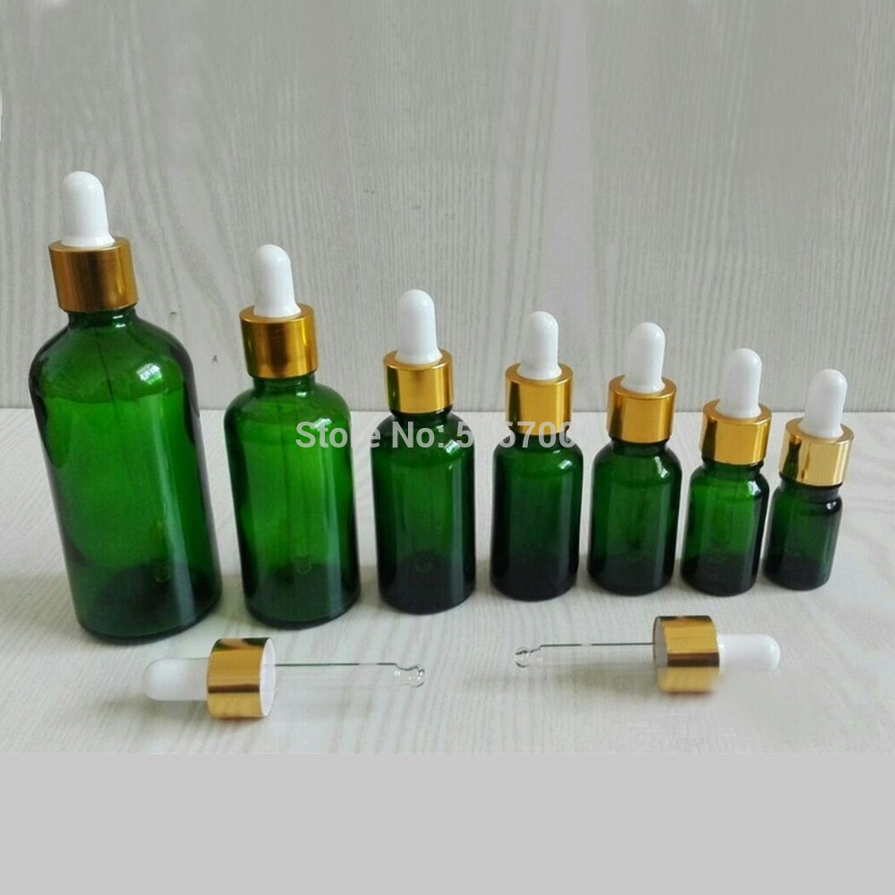 10 unidades/lote de 5ml a 50ml de botella de aceite refinado de vidrio redondo verde de laboratorio con cuentagotas de vidrio círculo dorado para experimento escolar