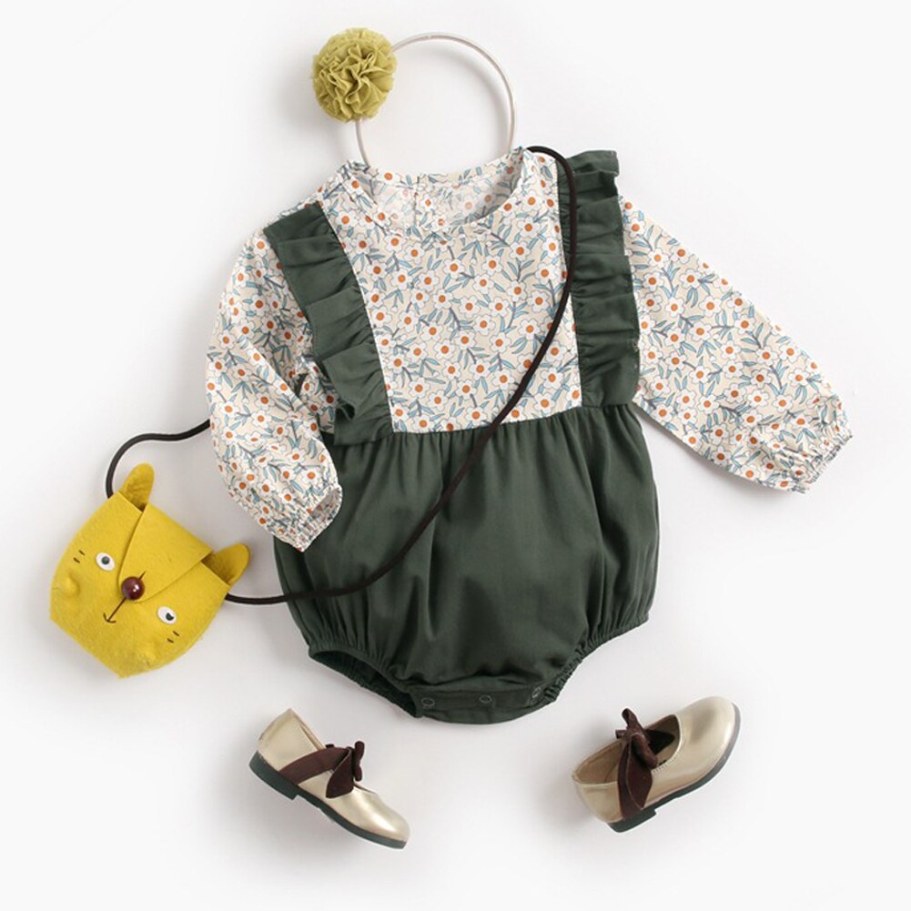 One Piece Bodysuits Infant Baby Girl Long Sleeve Flower Print Long Sleeve Ruffles Jumpsuit Outfits: Green / 6M