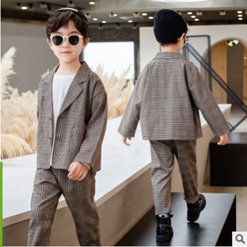 Pojkdräkter vår/höst pojkar 2- delade kostymer barns enkelknäppta plädfärger kostymset storlek 4-14 ly616