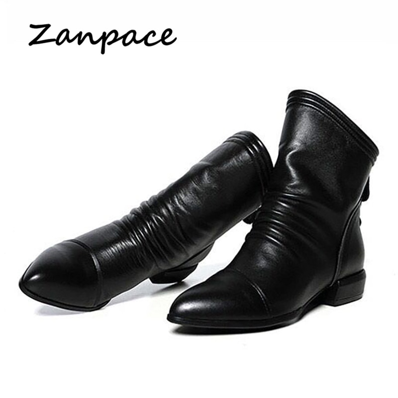 Leren laarzen winter zwarte enkellaarsjes voor dames herfst hoge hak grote maat 43 damesschoenen rits zapatos mujer