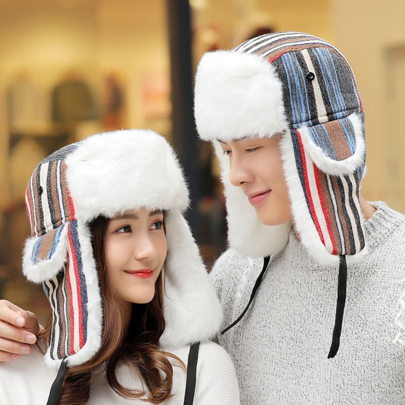 HT1383 Men Women Winter Hat Striped Thick Russian Fur Hat Ski Earflap Trapper Hat Lover Couple Bomber Hat Ushanka