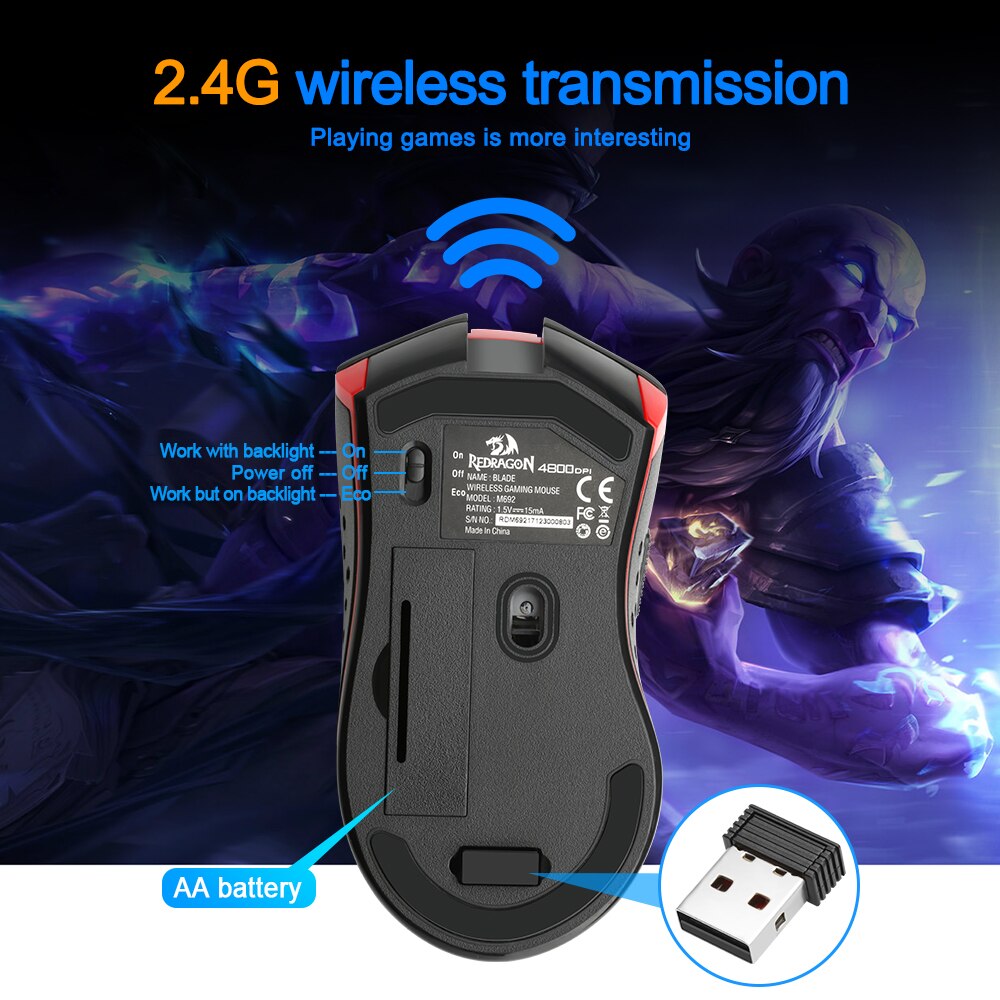 Redragon Blade M692 USB Wireless Gaming Mouse 4800 DPI 9 buttons Programmable ergonomic for overwatch gamer Mice pc computer