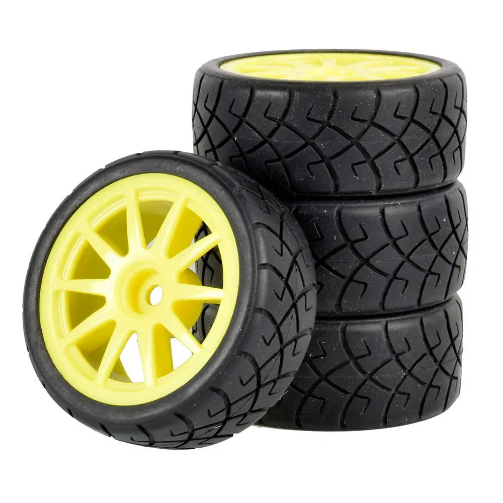4 Uds neumáticos y llantas de ruedas de goma para coche RC cubo hexagonal de 12mm para WLtoys 144001 y piezas de mejora de neumáticos de coche a escala 1/18 1/10 1/16: YELLOW