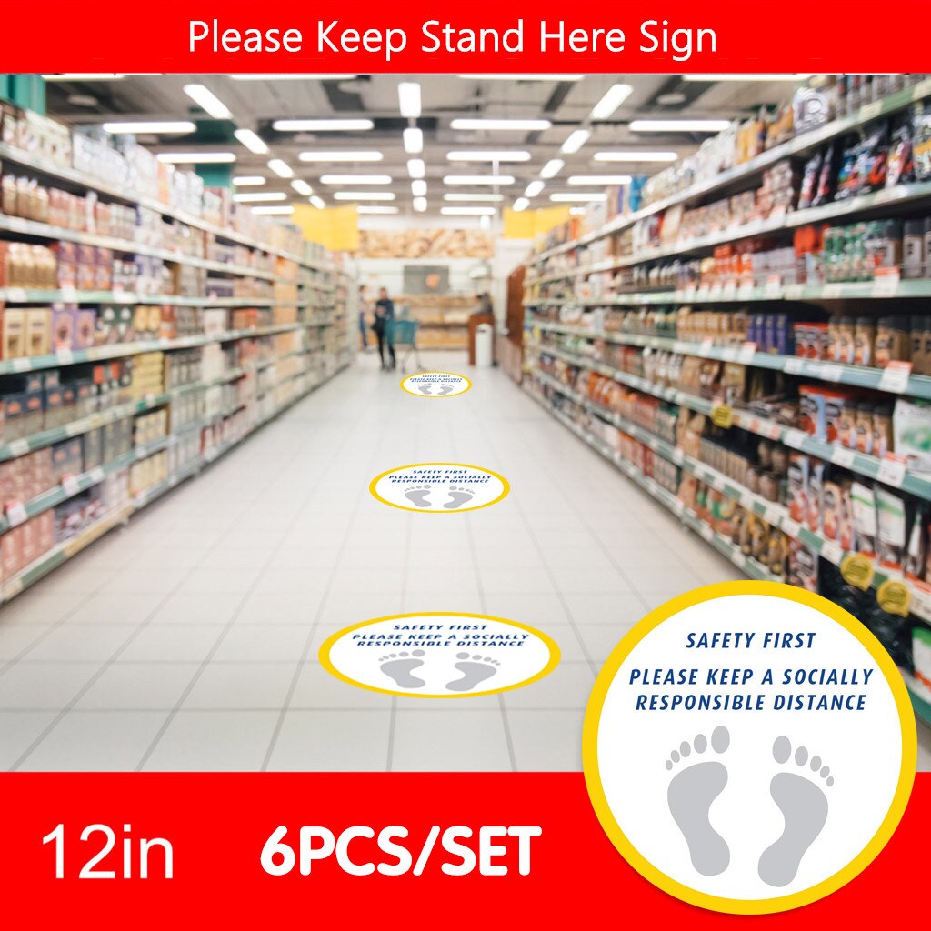6PC Ground sign Isolated label Please Keep Wait Here Stand Here Keep 6ft in Between Distance Marker Floor 30CM diameter