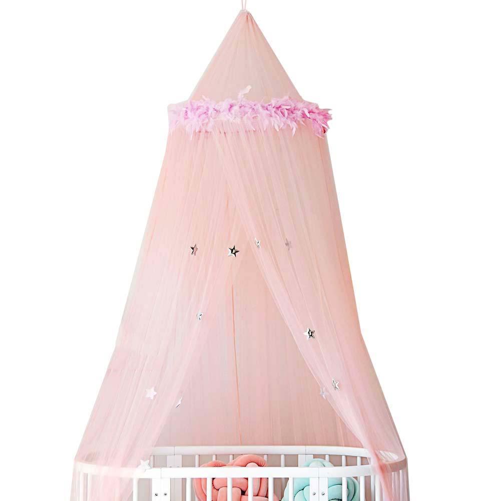 Children's Room Dome Mosquito Net Princess Room Feather Star Decorative Bed Net Free Installation Baby Game Tent: Pink