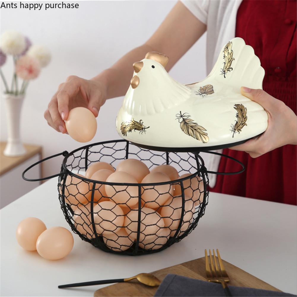 Country Farm Style Metal Wire Egg Storage Basket With Ceramic Chicken Top Handles Fruit Snacks Organizer Kitchen Decoration
