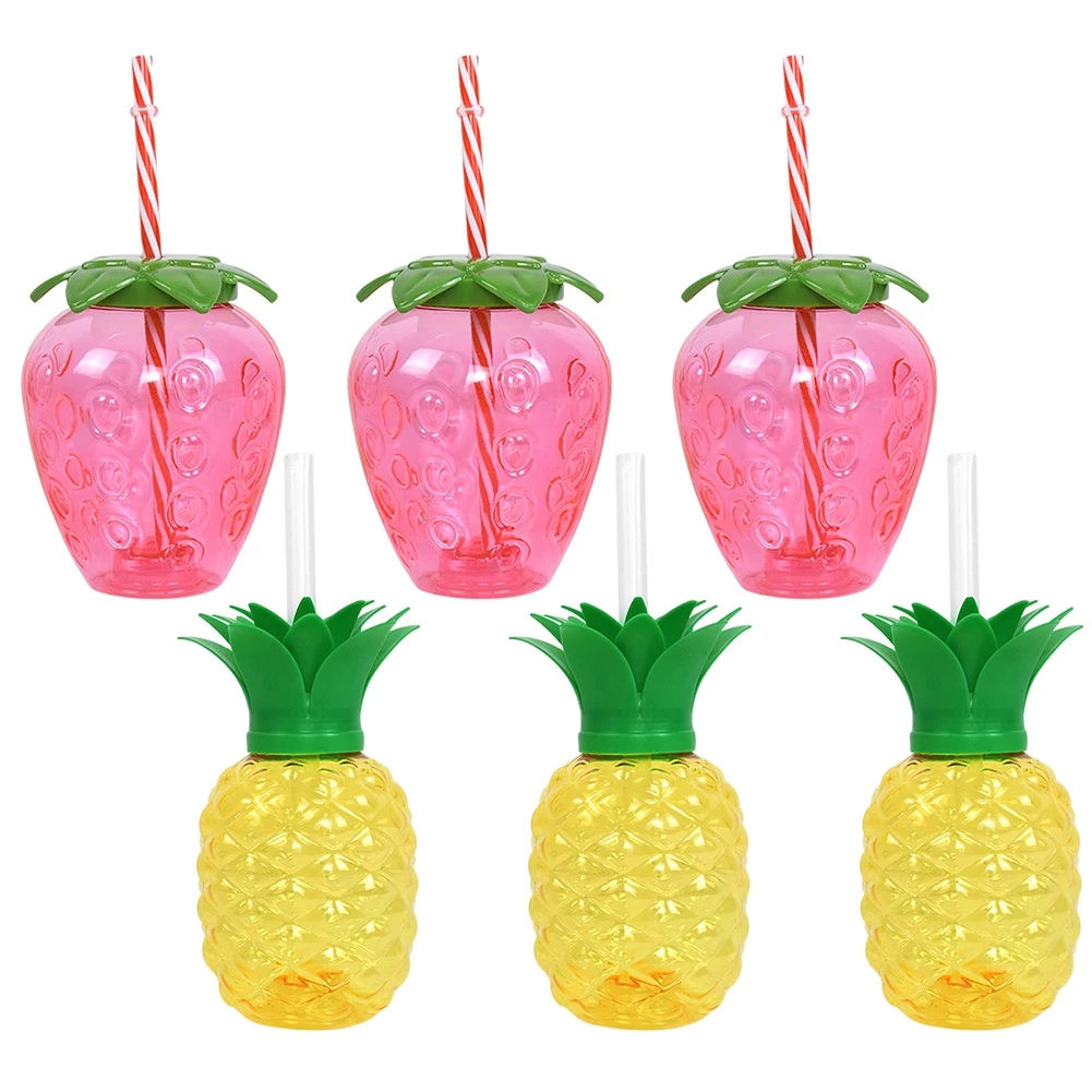 1/3/6Pcs Plastic Pineapple Cups with Straw Strawberry Cup Hawaiian Luau Birthday Party Decoration Summer Beach Drinking Cup