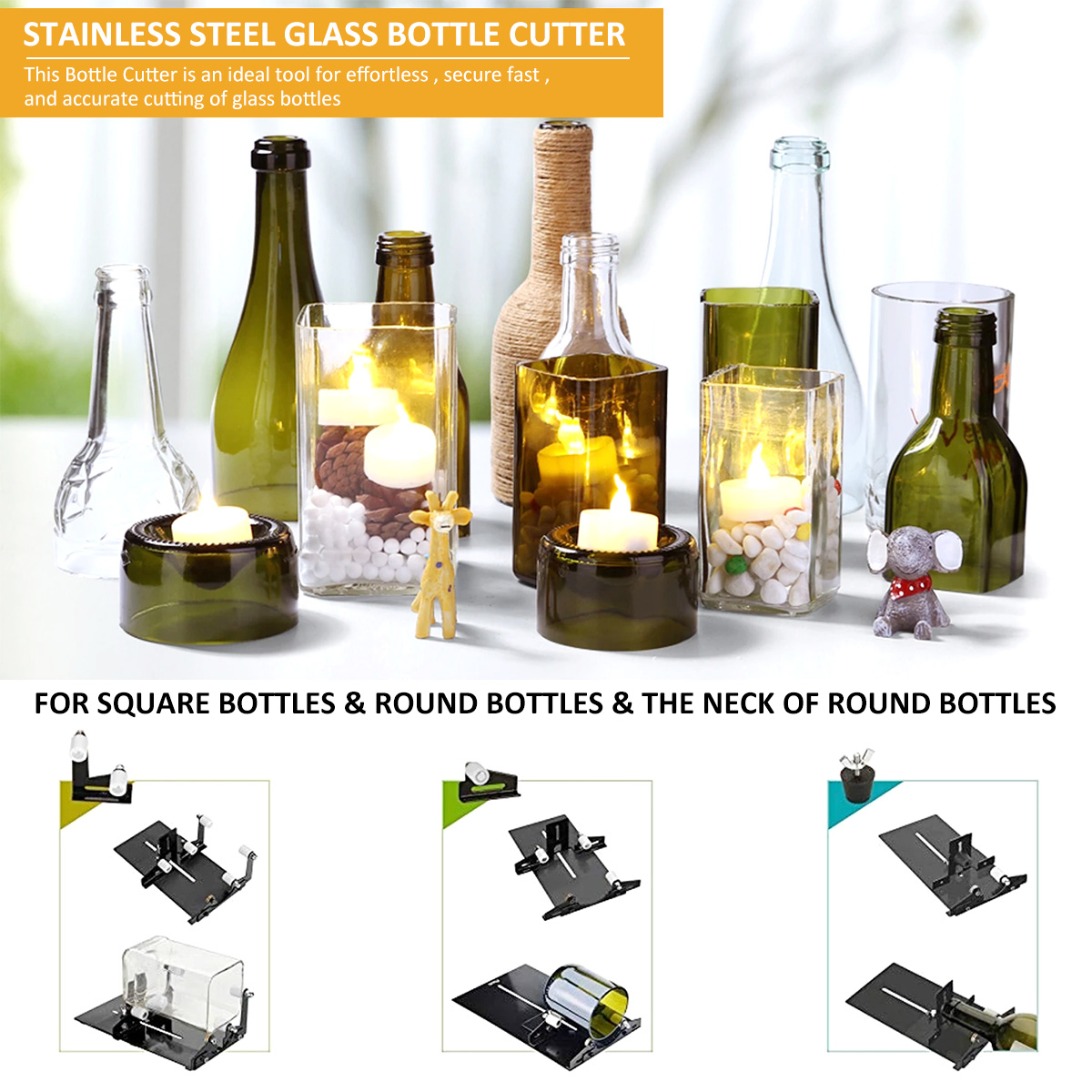 Kit de coupe de bouteille en verre réglable, Machine de découpe de bouteilles en verre rond et carré en acier inoxydable, ensemble pour vin, liqueur, whisky, alcool
