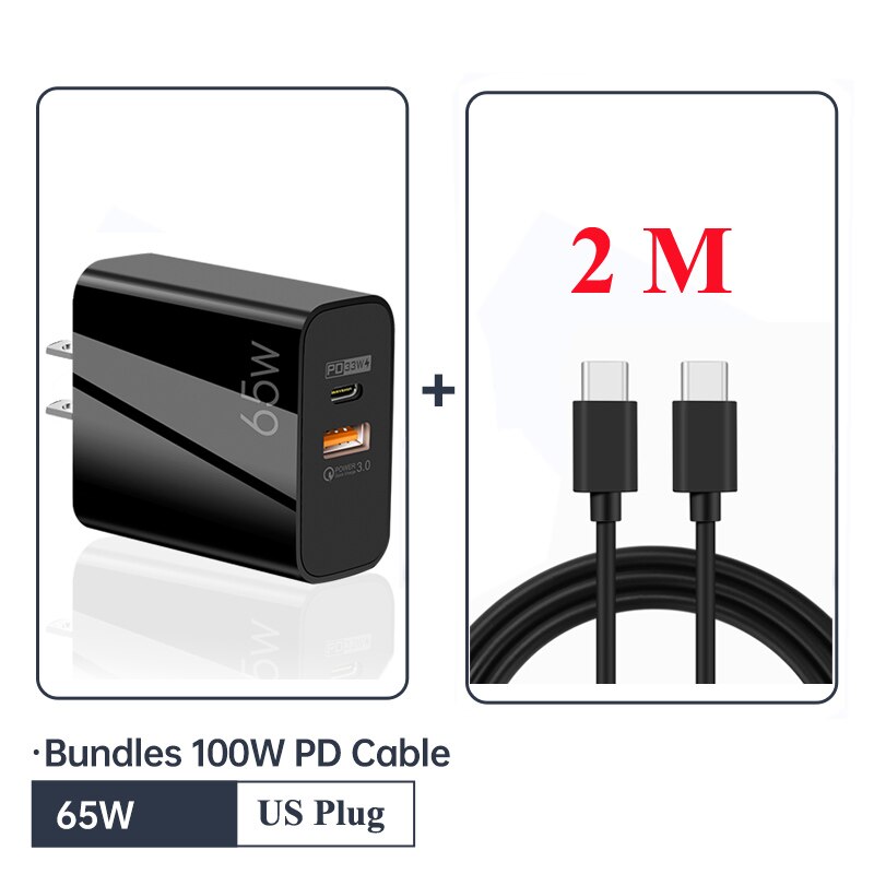 65w- gan usb-c-wandladegerät  pd 33w 4.0 für iphone 13 pro max , 12 12 3.0 macbook air, samsung galaxy und ipad pro: Und 2m kabel usblack
