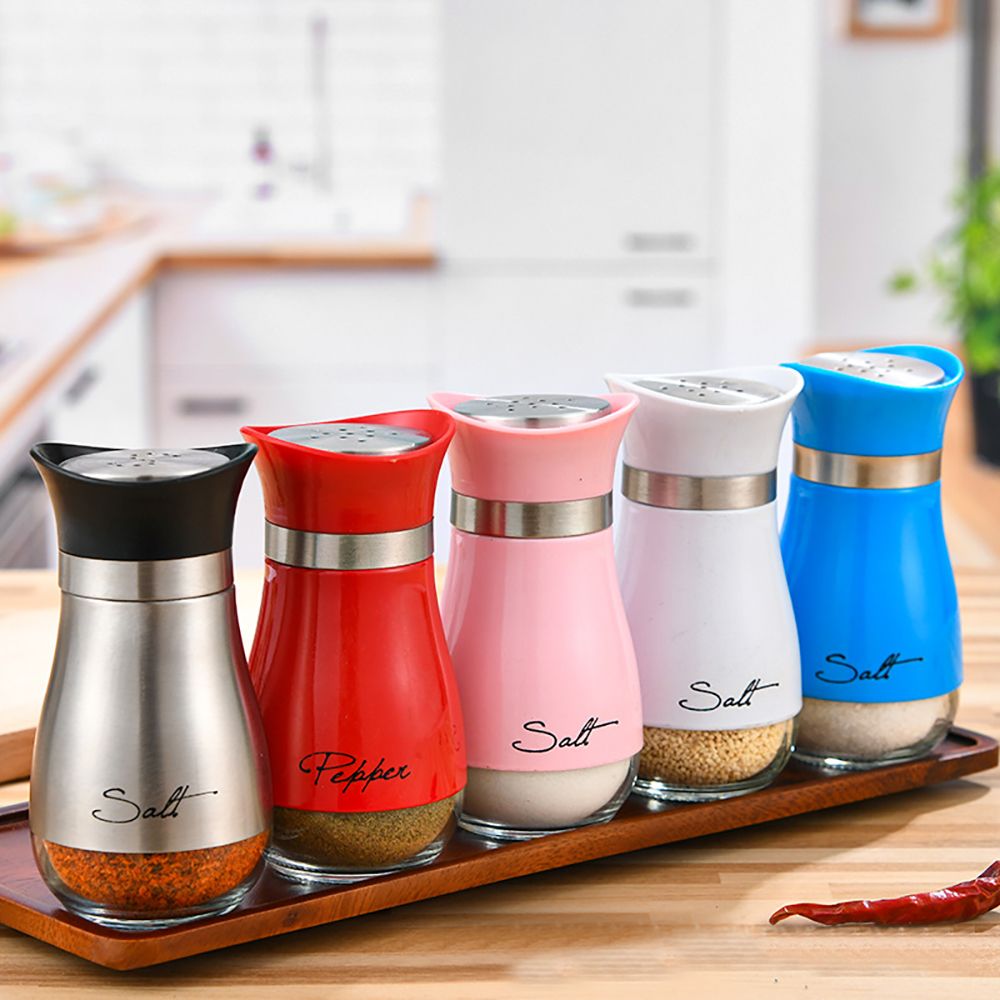 MOONBIFFY Cute Salt and Pepper Stainless Steel Glass Bottom Spice Dispenser Sea Salt Sugar Refillable Pepper Seasoning Cans