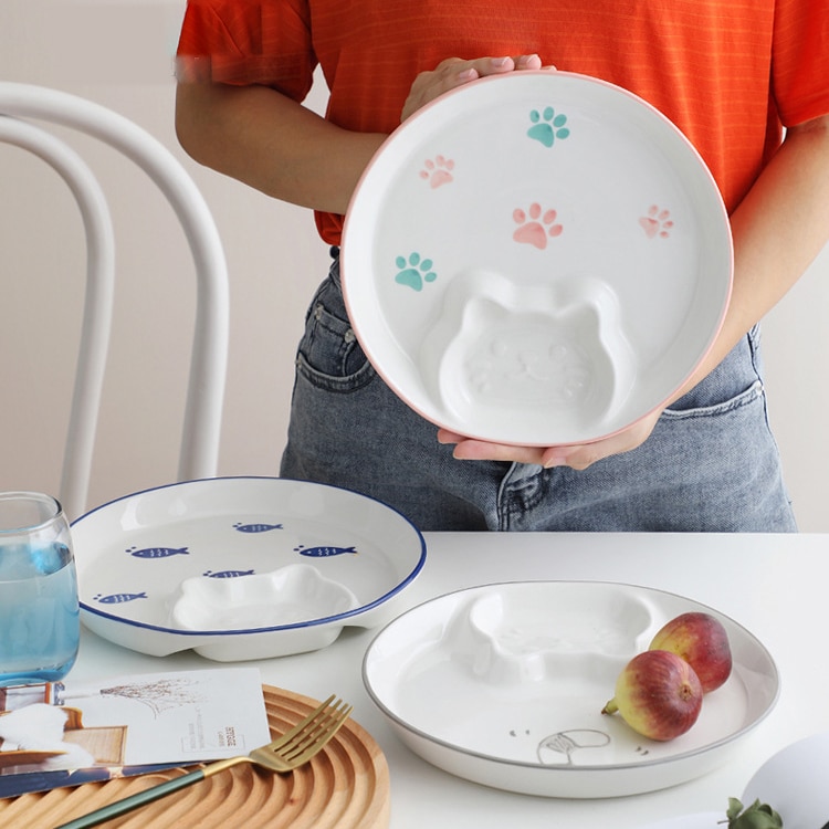 Home Ceramic Dinner Plate Cute Cat Child Food Supplement With Dipping Dish Dumpling Breakfast Plate Restaurant Utensils