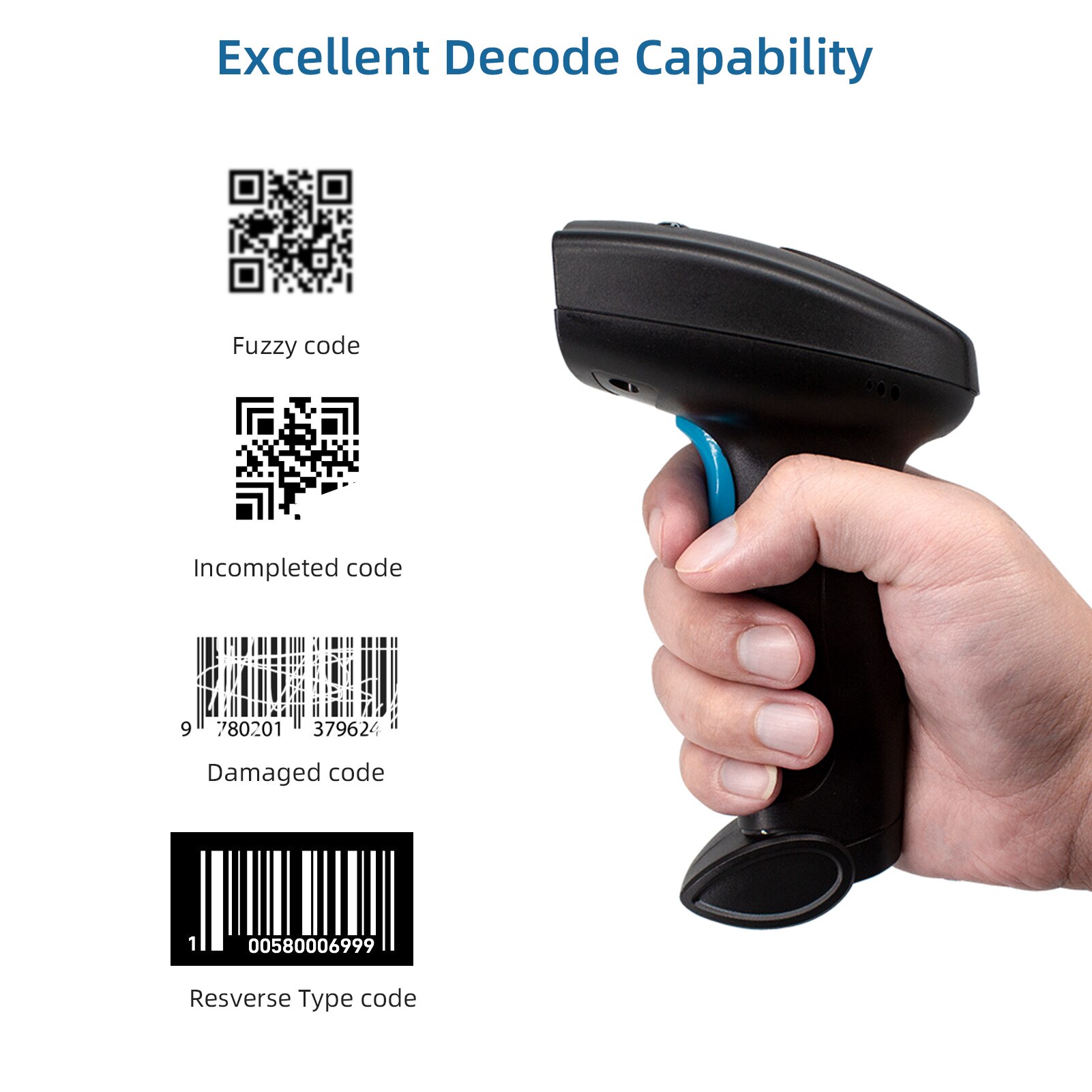 1D&amp;2D Barcode Scanner Supermarket Handhel USB Wirelss Bar Code Reader Plug &amp; Play Compatible with Windows Android Mac