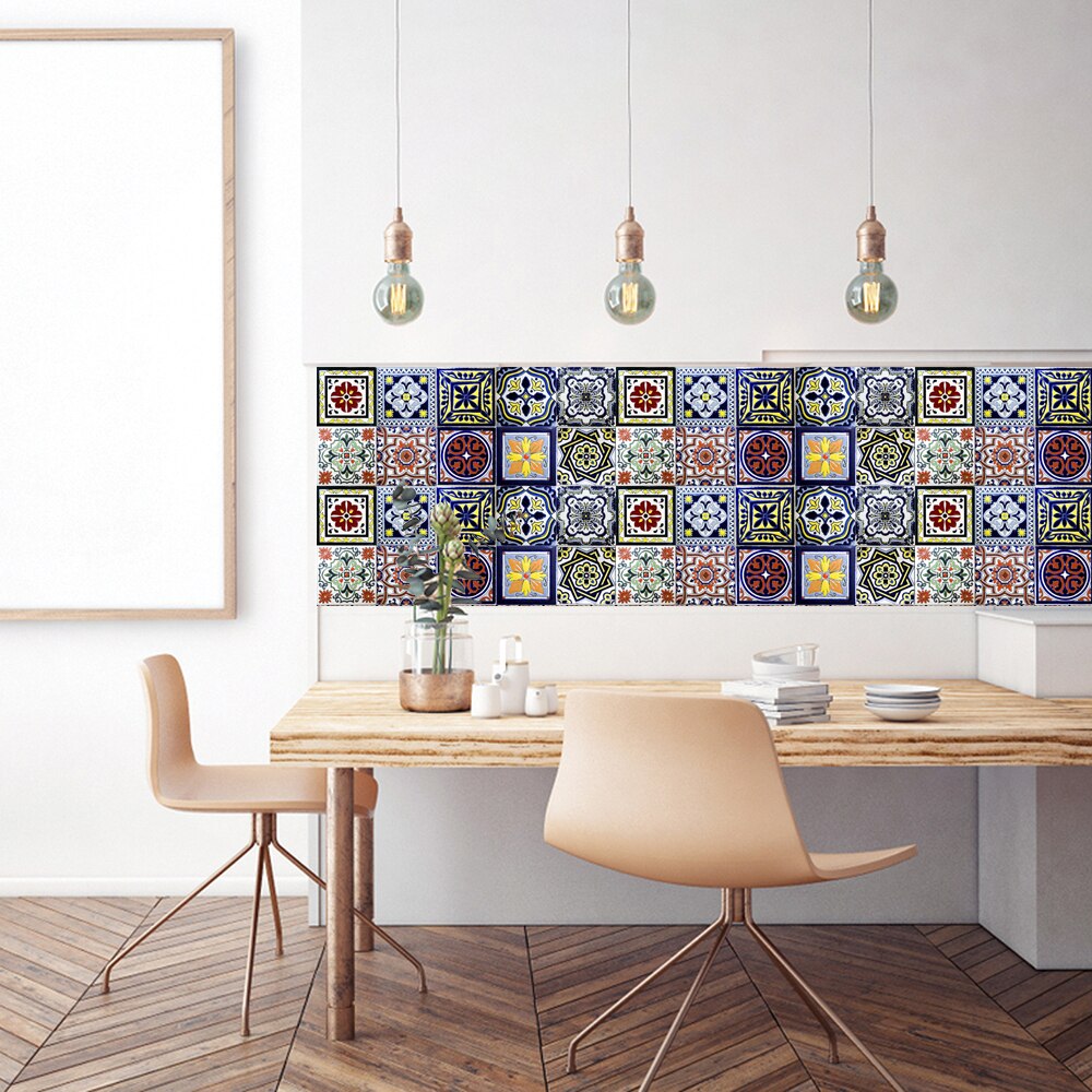 10pcs Colorful Retro Tiles Sticker Kitchen Backsplash Wardrobe Bathroom Glass Renovation Waterproof Peel &amp; Stick Art Wallpaper