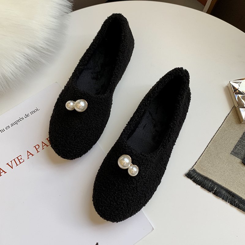 Ull kvinnor lägenheter pärla slip on skor kvinna loafers svarta båt skor plysch päls dam sko zapatos mujer 8720n: Svart / 35 ( 22.5cm )